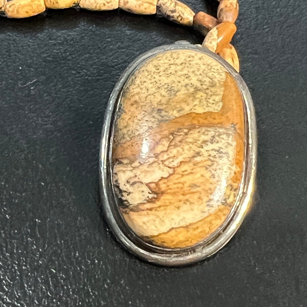 Earth Tone Beaded Necklace Brown Tan Cabochon Stone‎ Pendant